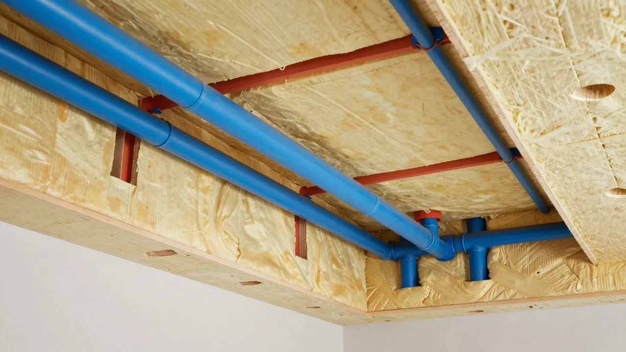 Detaillierte Ansicht der Isolierung von Leitungen an der Kellerdecke