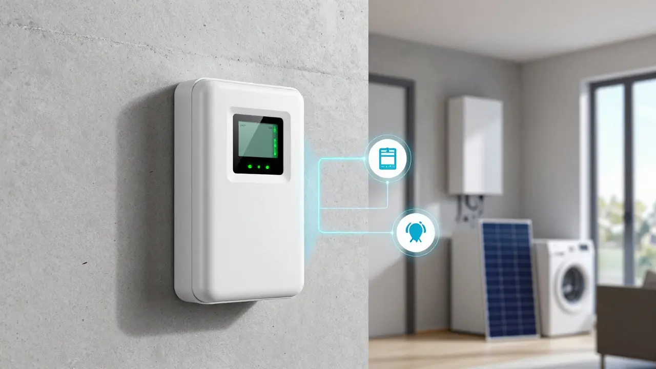 Digitaler Smart Meter an einer Wand mit vernetzten Haustechnik-Symbolen
