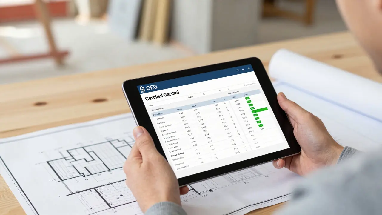 Energieberater berechnet Werte auf Tablet vor Bauplänen