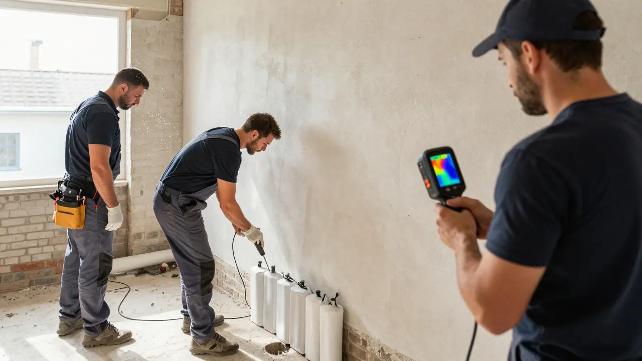 Fachkräfte führen Injektionssperren und Thermografie zur Feuchtesanierung durch.