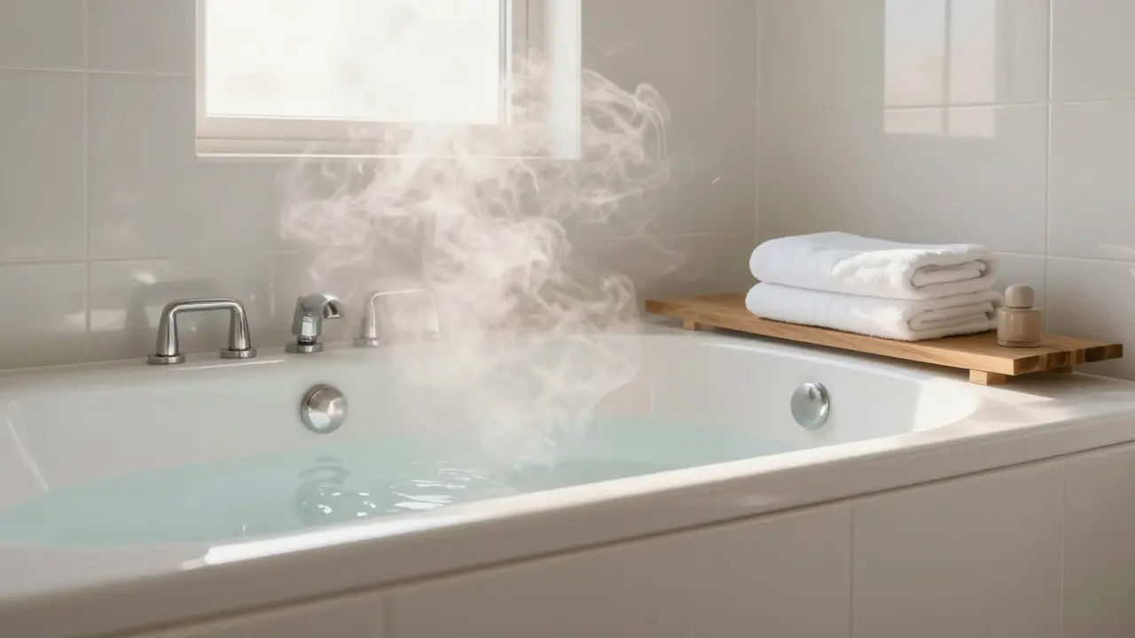 Fertiges, modernes Badezimmer mit Dampf und Morgenlicht