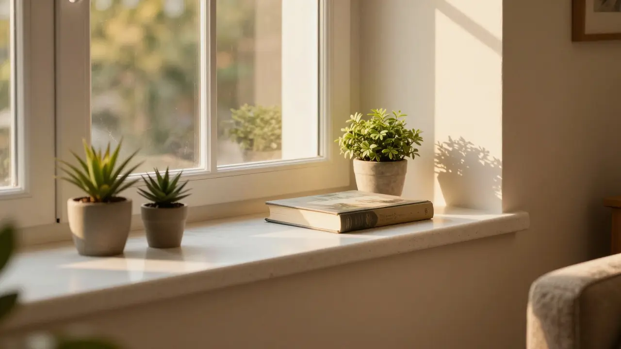 Gemütliches Wohnzimmer mit neuer weißer Fensterbank, Pflanzen und warmem Sonnenlicht