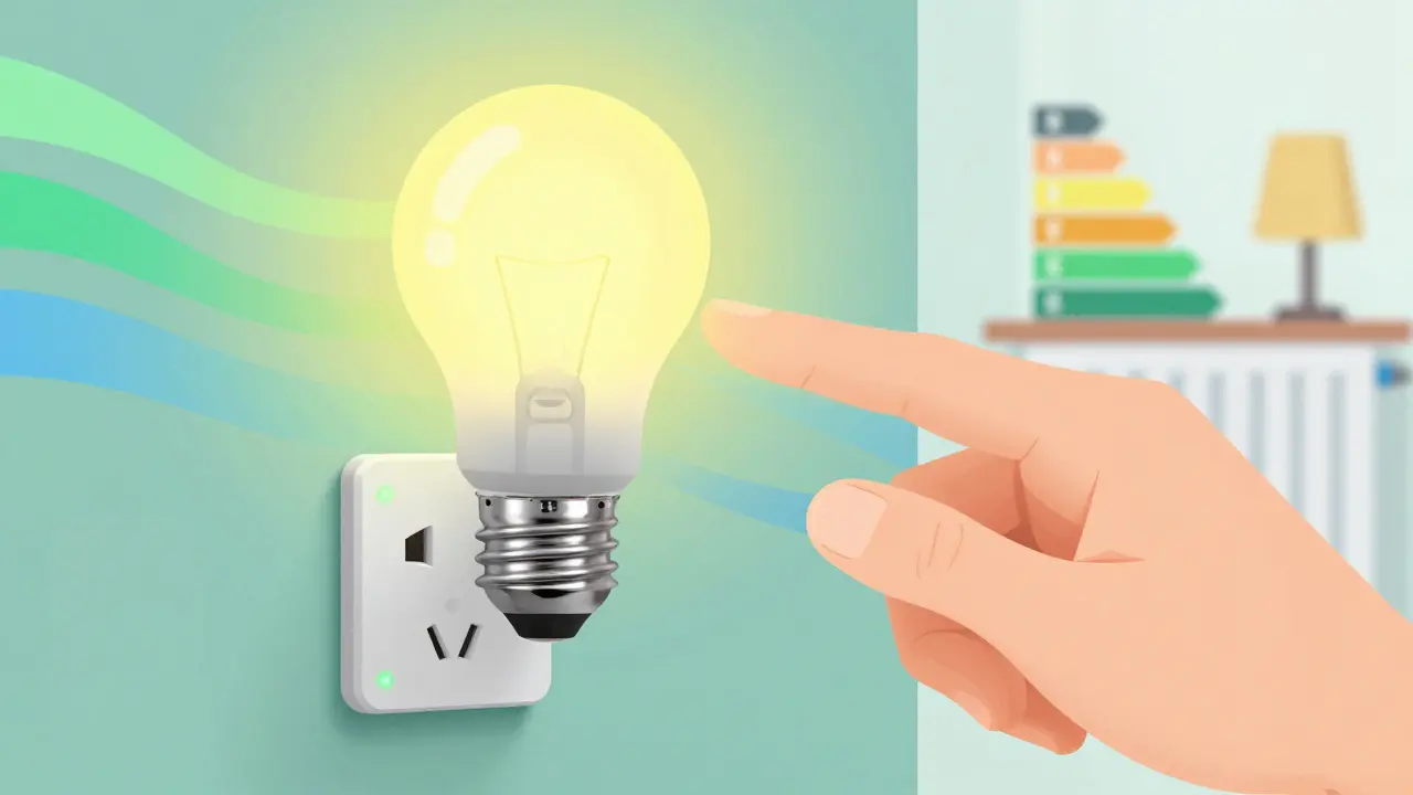 Hand schaltet smartes Licht aus, grüne LEDs zeigen Energieeinsparung