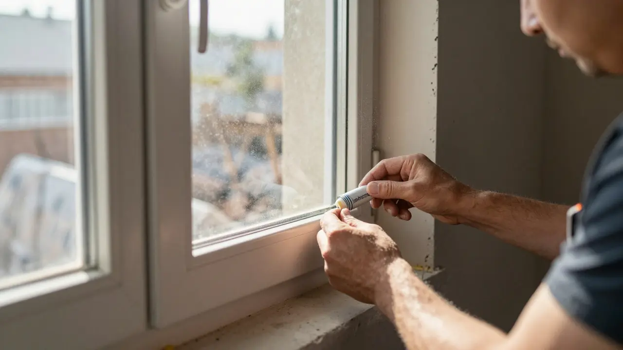 Handwerker installiert ein Fenster von innen während der Renovierung mit Staub