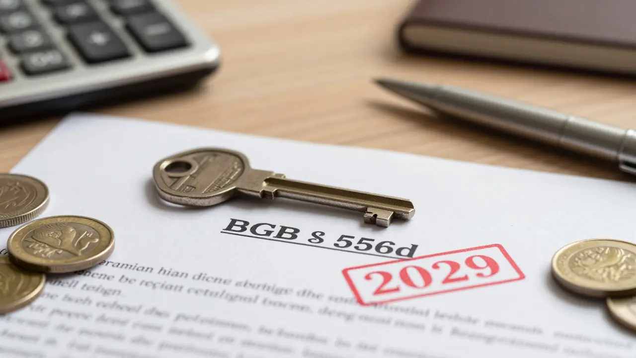 Hausschlüssel auf BGB-Dokument mit rotem 2029-Stempel und Münzen