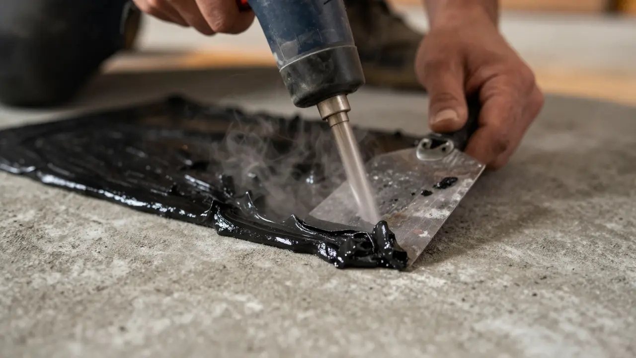 Heat gun softening adhesive on concrete for scraping