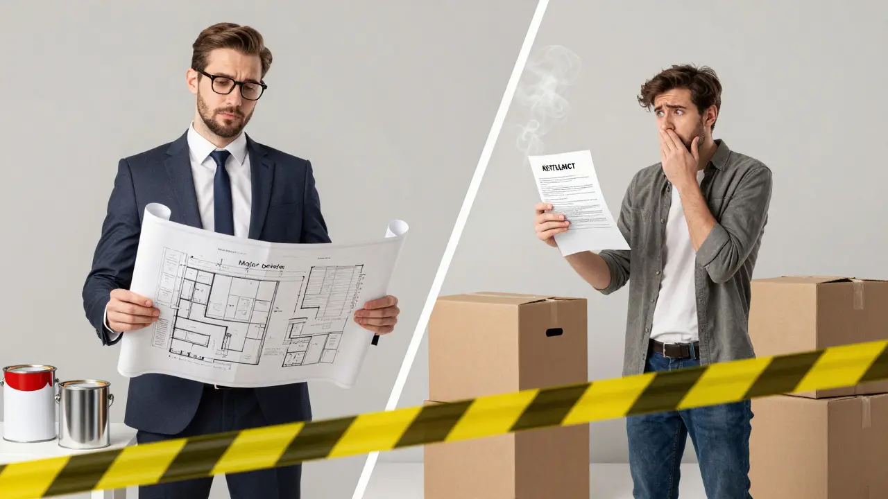 Illustration zeigt Konflikt zwischen Renovierungspflicht und Mieterrechten.