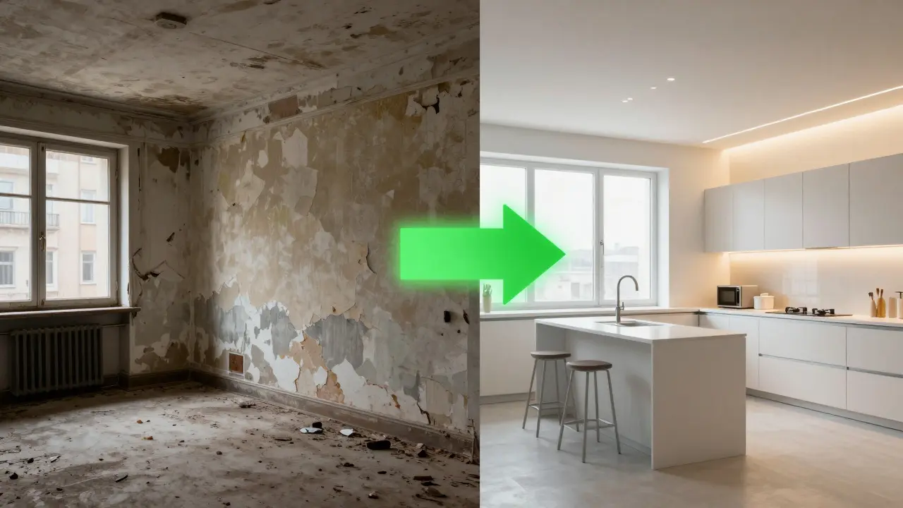 Kontrast zwischen veralteter und modernisierter Wohnung zur Wertsteigerung