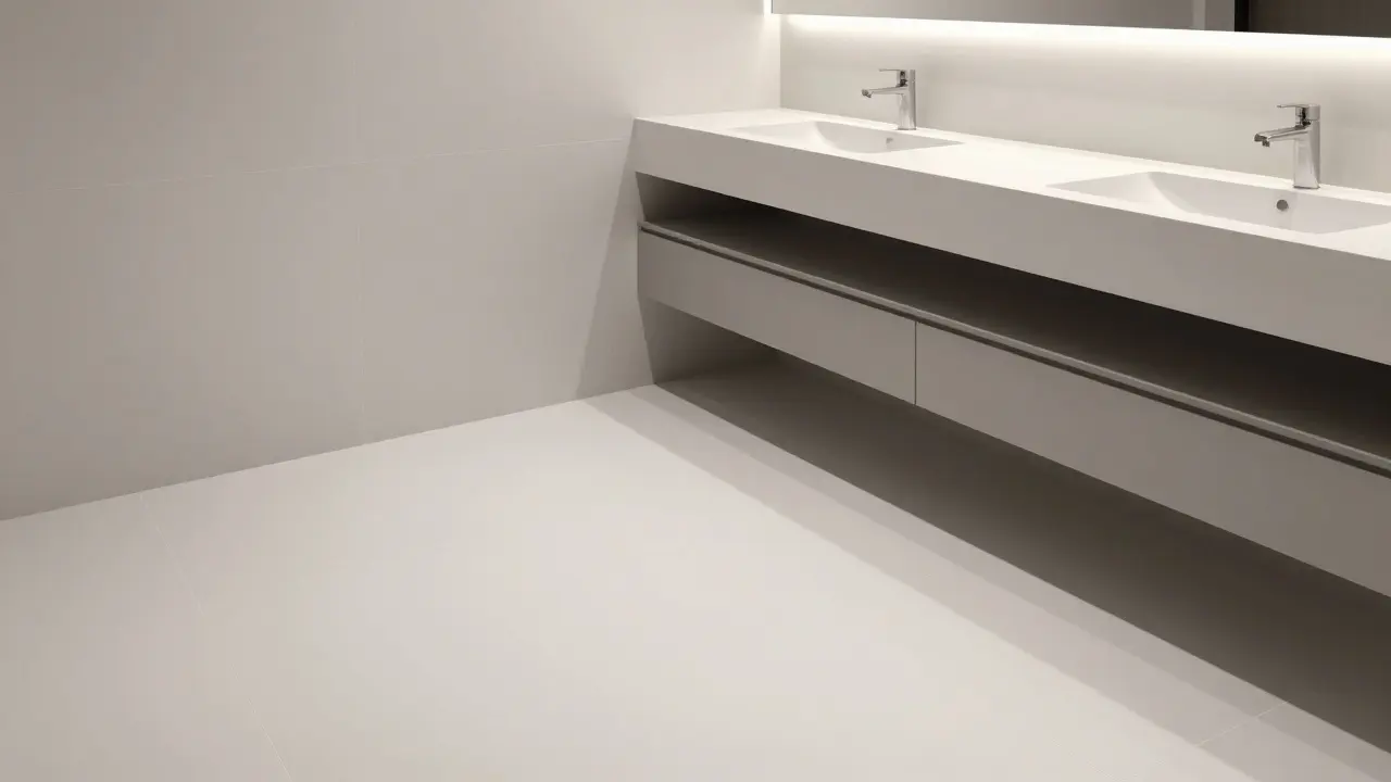 Minimalistisches Bad mit großen diagonal verlegten Fliesen und indirekter Beleuchtung