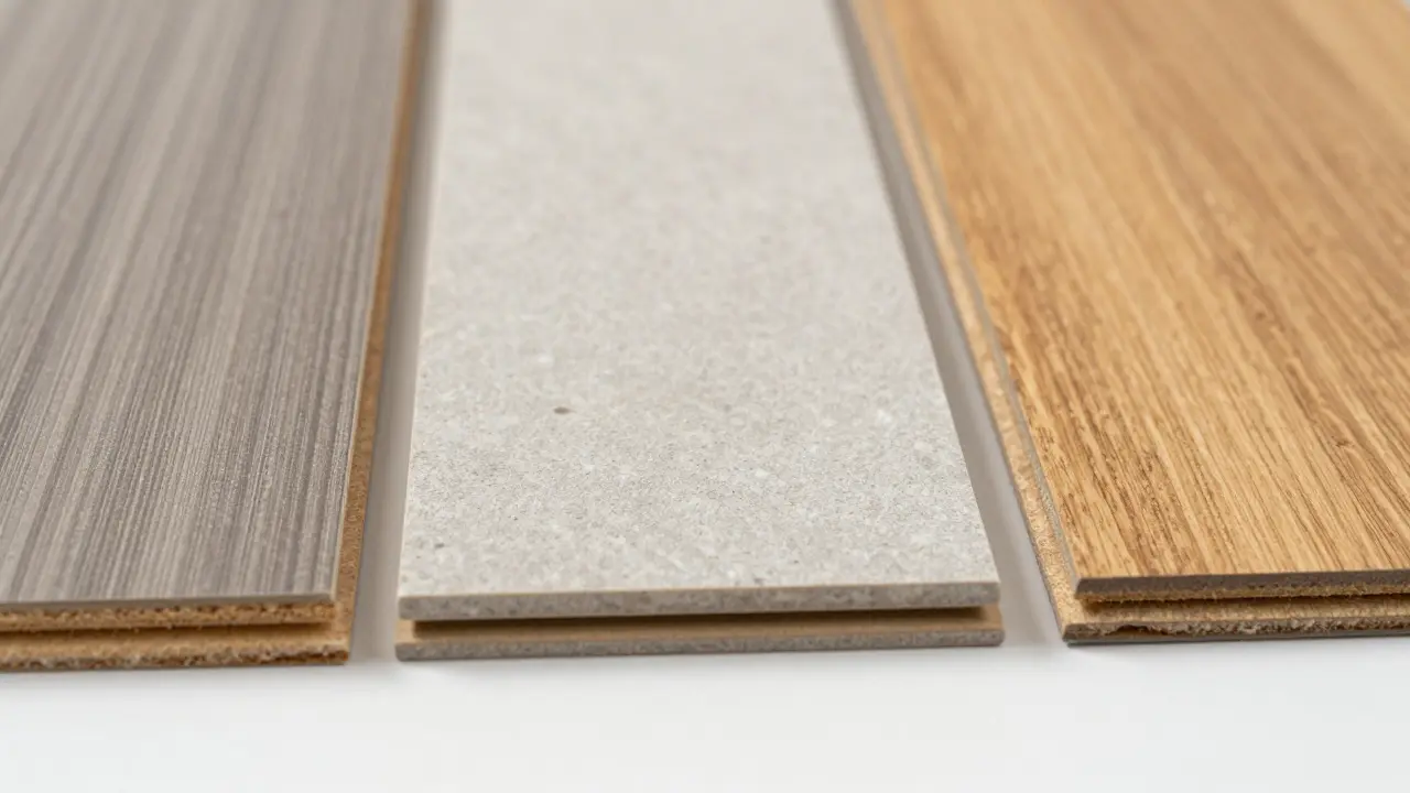 Nahaufnahme der Materialien Laminat, Klick-Vinyl und Fertigparkett