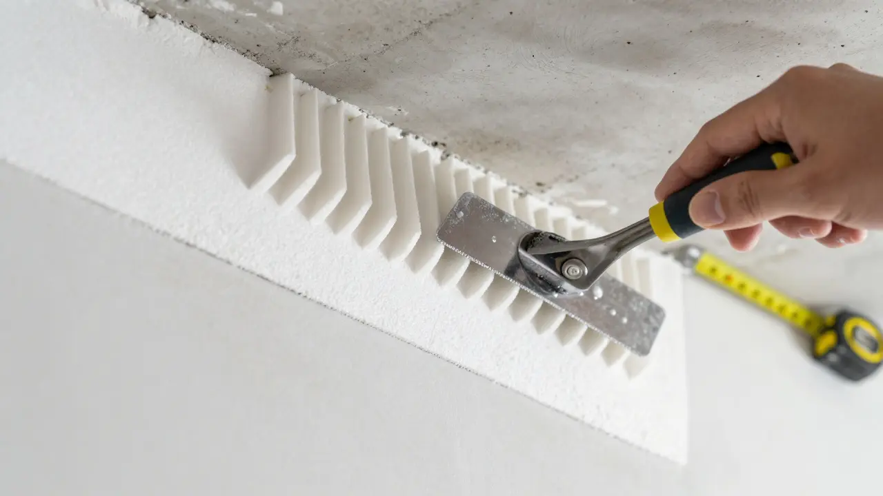 Nahaufnahme der Verlegung von Dämmplatten auf einer Kellerdecke mit Zahnkelle