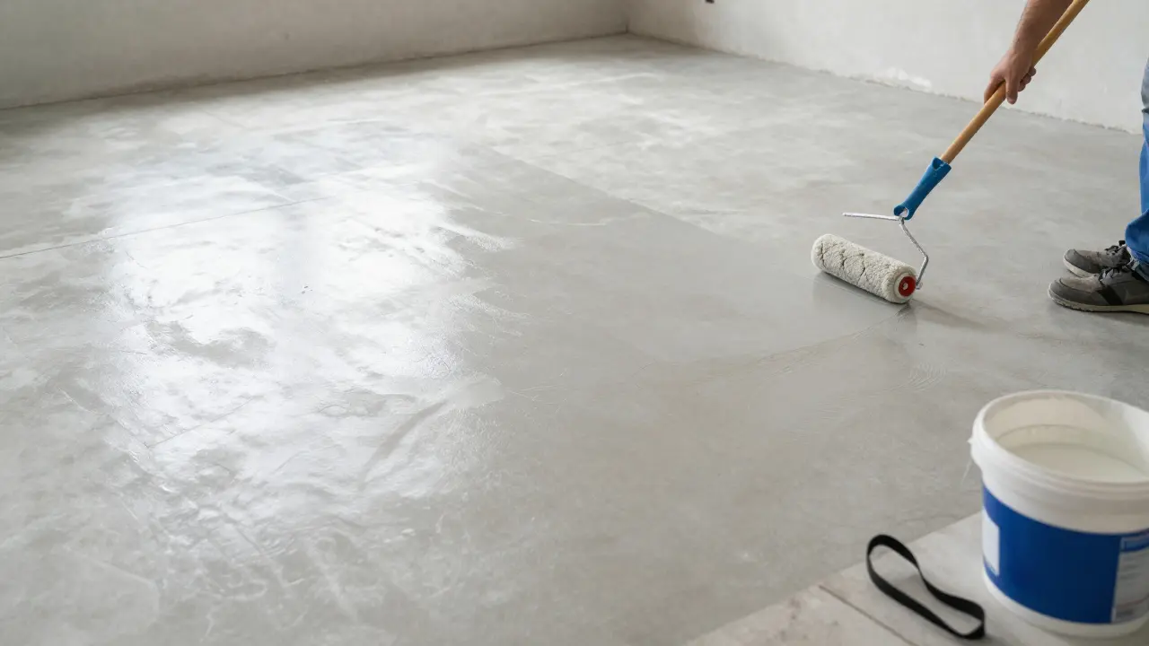 Rolling primer on clean, prepared subfloor