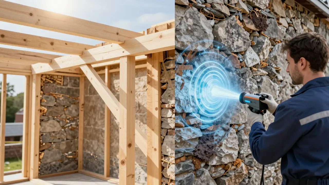 Sanierung: Austausch von Holz und thermische Behandlung der Mauer