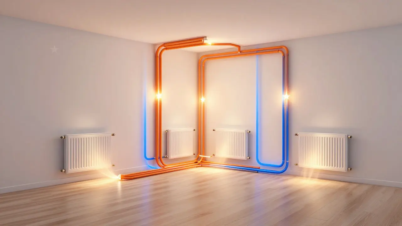 Schnittmodell eines Hauses mit sichtbarem Heizungsrohrsnetzwerk