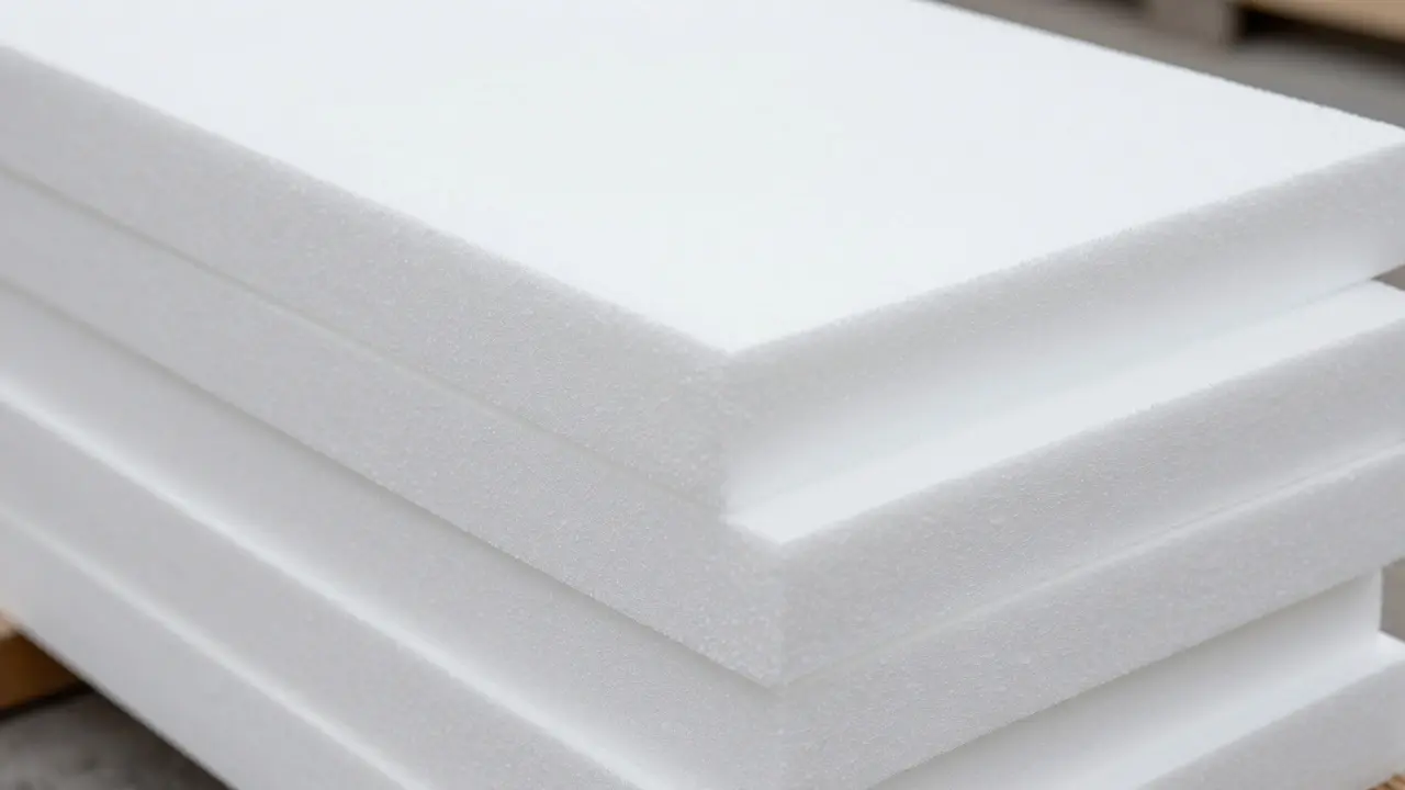 Stapel von weißen Polystyrol-Dämmplatten auf einer Baustelle im Detail