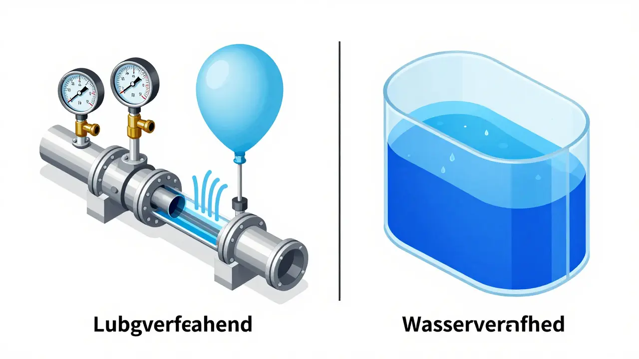 Technische Illustration der Luft- und Wasserverfahren zur Dichtheitsprüfung von Kanälen.