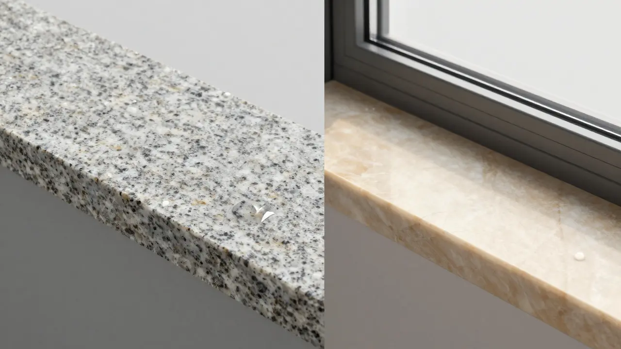 Vergleich von Naturgranit für außen und Kunststein für innen als Fensterbankmaterialien