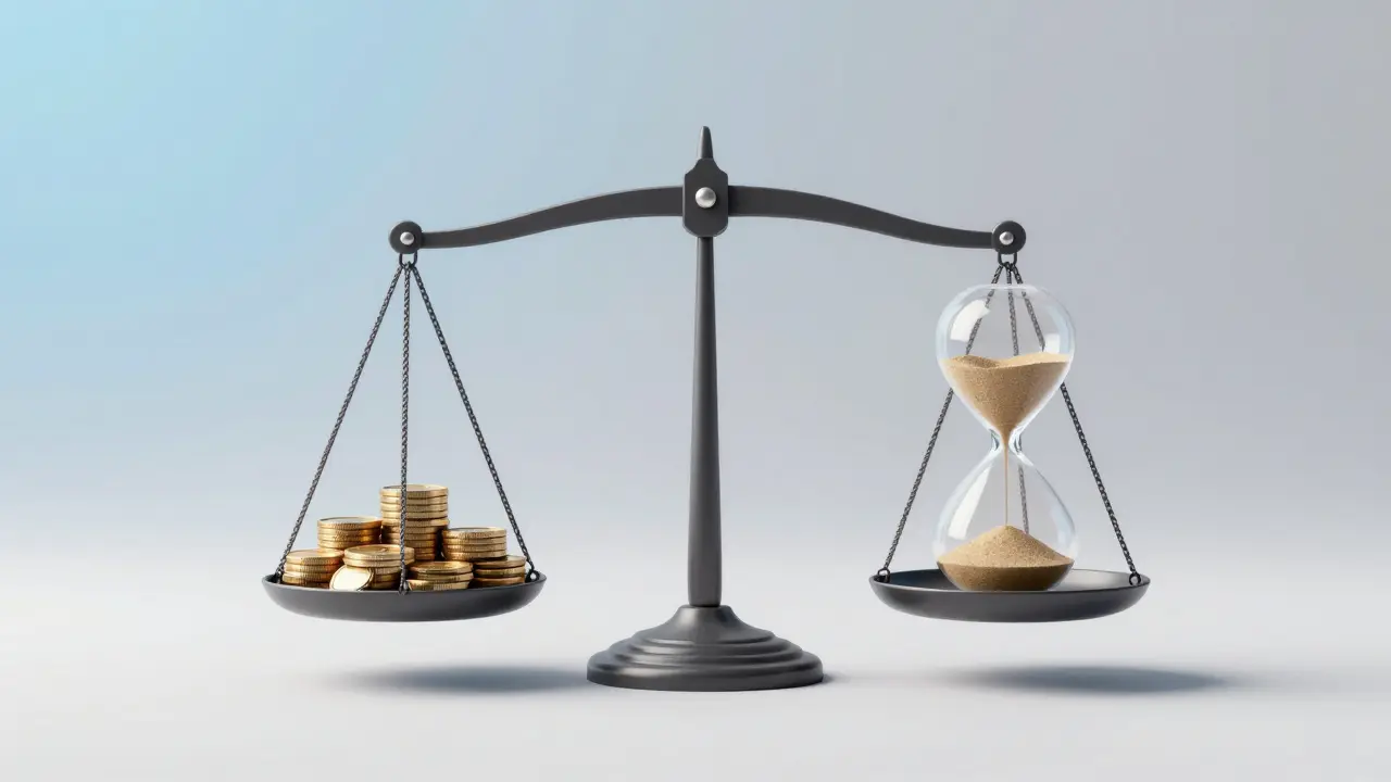 Waage mit Geldmünzen und Sanduhr als Symbol für Kosten-Nutzen-Analyse