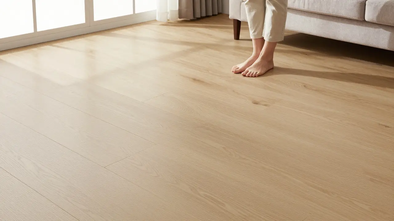 Wohnzimmer mit breiten Vinyl-Dielen und warmem Sonnenlicht