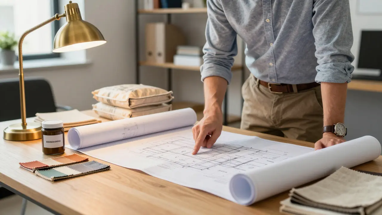 Architekt prüft Baupläne und historische Baumaterialien im Büro