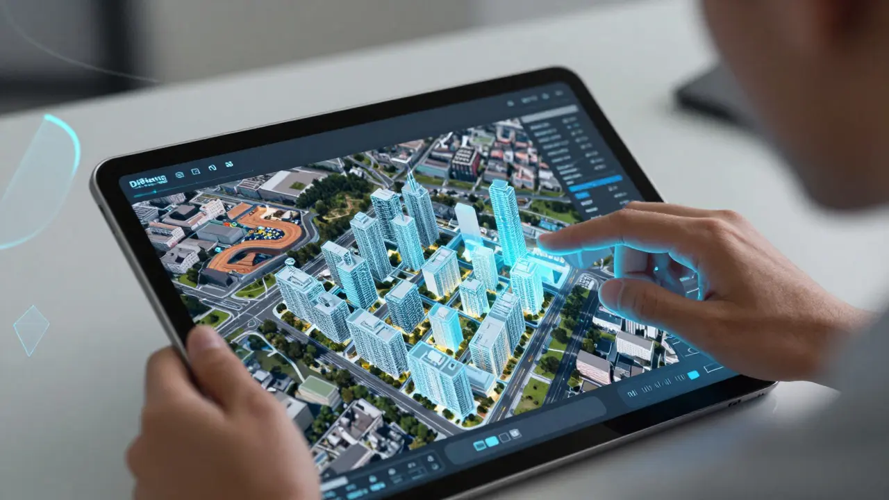 Digitale Stadtplanungsoberfläche auf einem Tablet mit 3D-Modell