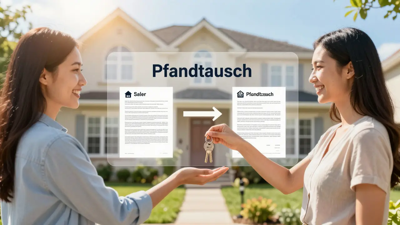 Glückliche Schlüsselübergabe beim Hausverkauf mit Pfandtausch-Strategie