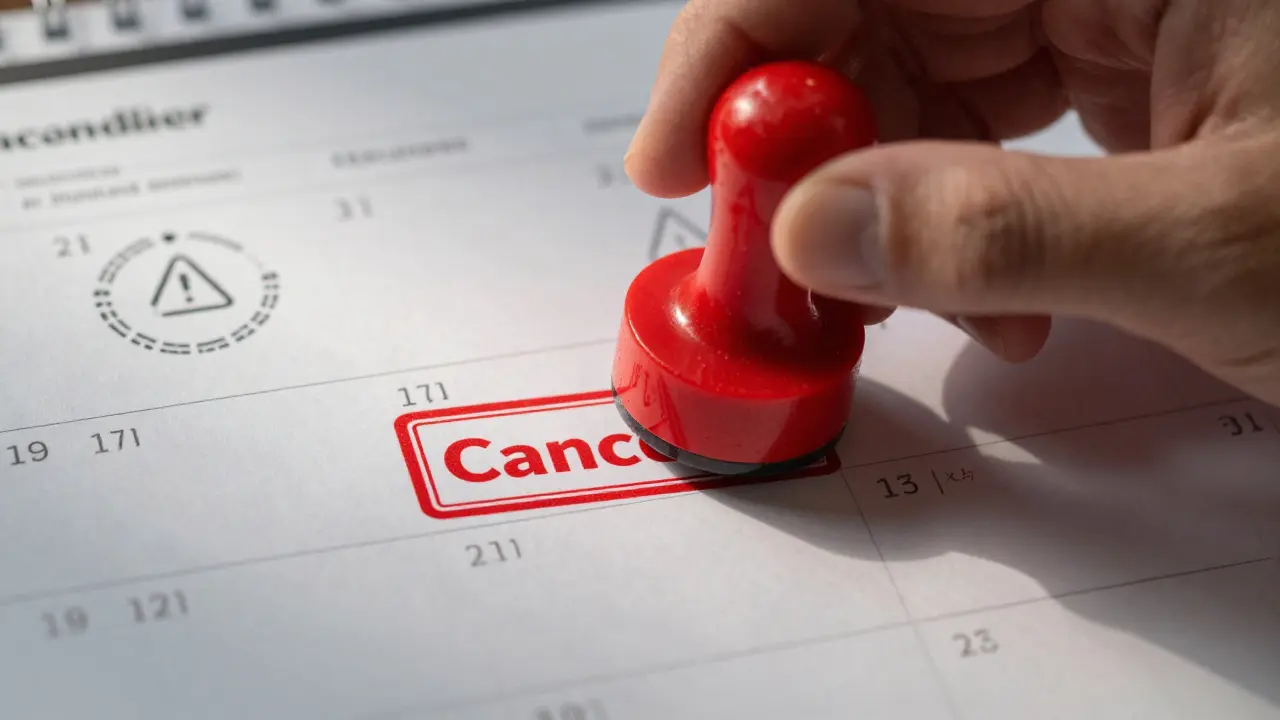Hand hält Stempel über Kalender zur Symbolik von Kündigungsfristen