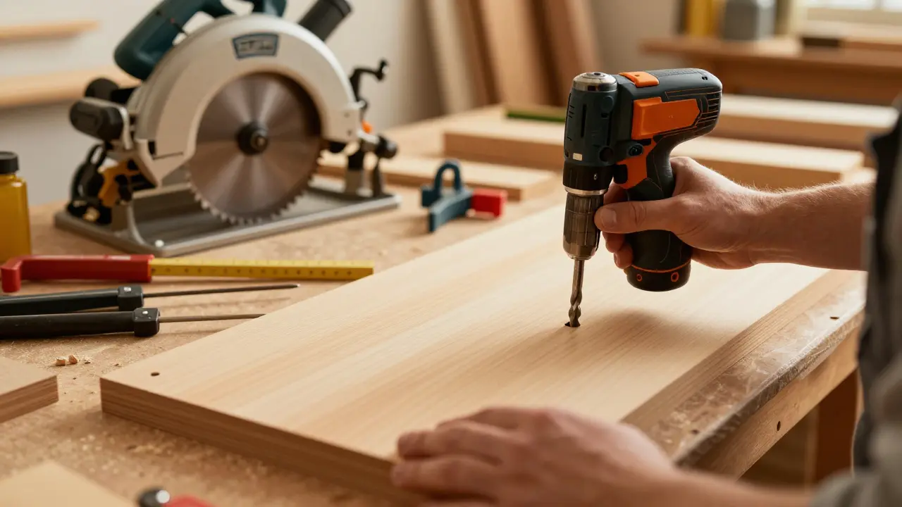 Handwerker bohrt präzise ein Loch in eine Holzplatte in einer gut ausgestatteten Werkstatt
