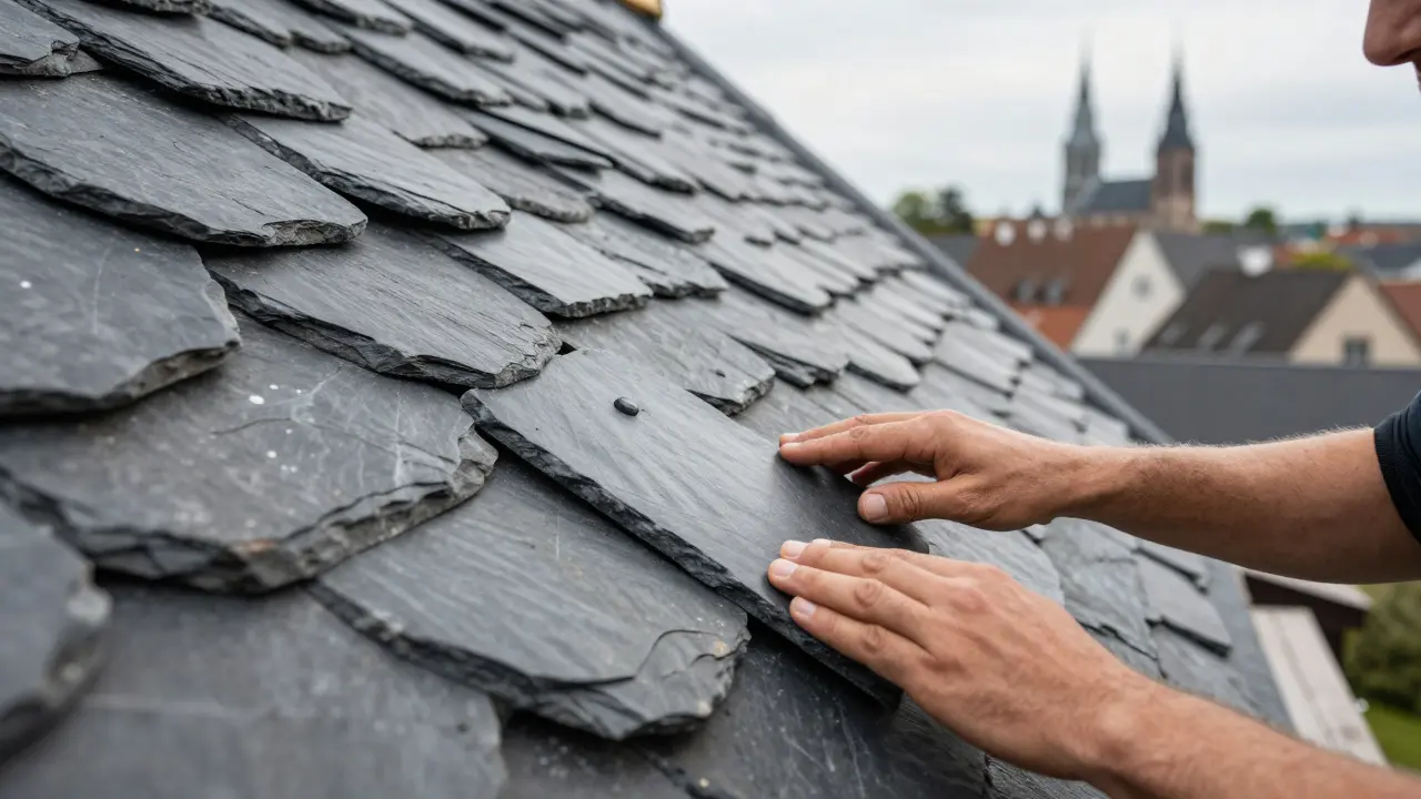 Handwerker verlegen Naturschiefer auf einem historischen Steildach
