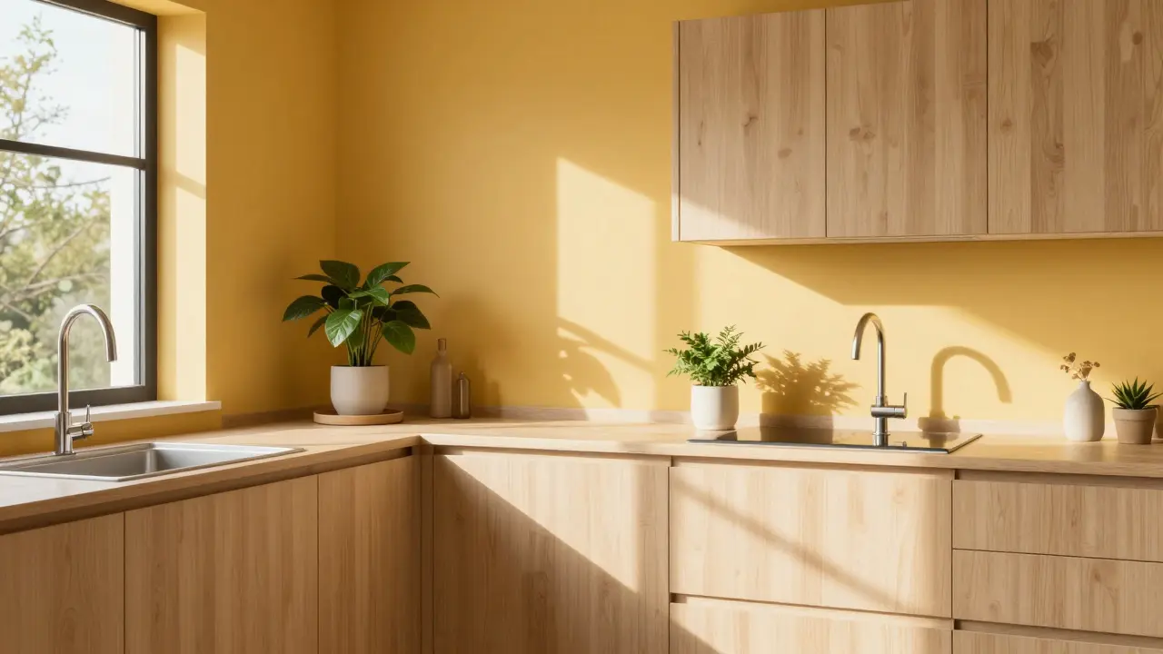 Helle Küche in Honig-Gold-Farbe mit Pflanzenakzenten