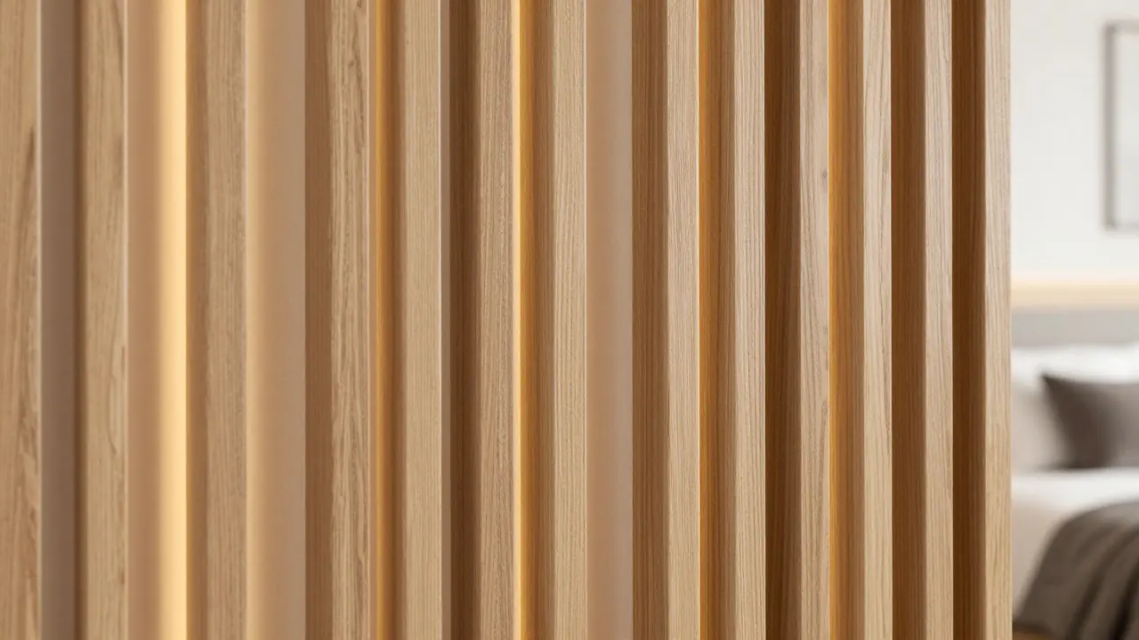 Holz-Lamellenwand mit warmer LED-Hintergrundbeleuchtung im modernen Stil