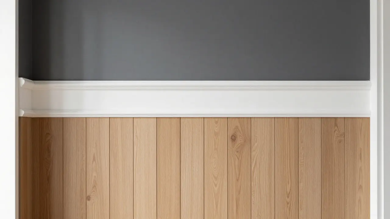 Kombination aus Holzvertäfelung, weißer Leiste und dunkelgrauer Wand