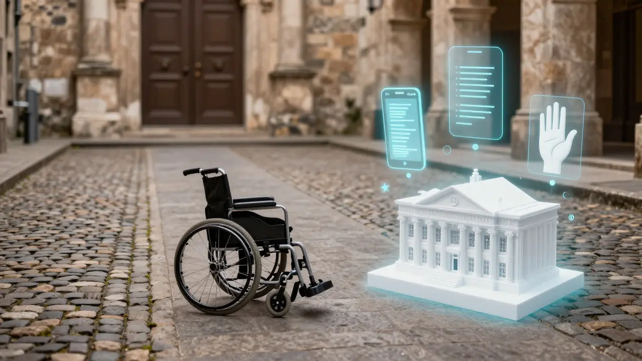 Kombination aus physischen Rampen und digitalen Hilfsmitteln wie Untertiteln