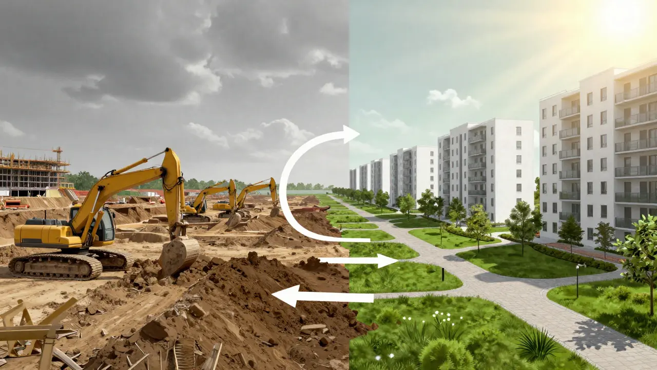 Konzeptionelle Darstellung der Transformation von Brachland zu Wohnviertel