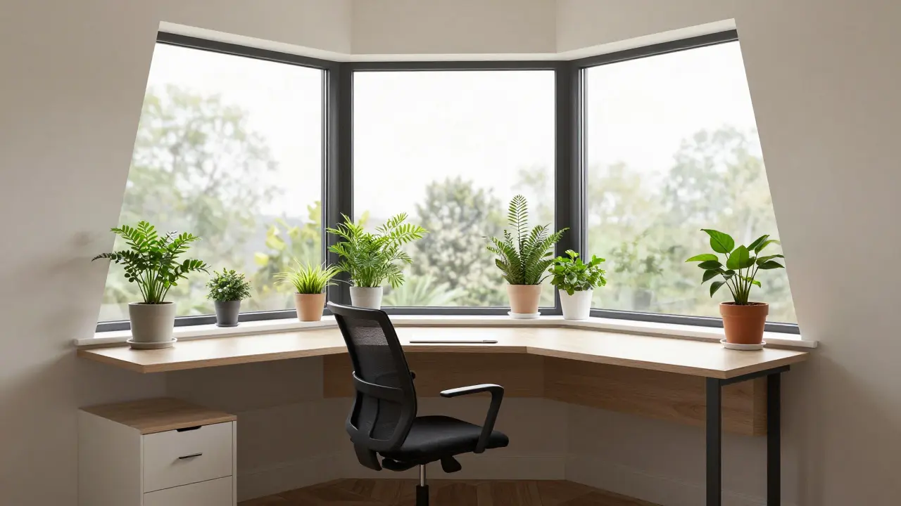 Modernes Homeoffice-Arbeitsplatz mit Blick aus dem Erkerfenster