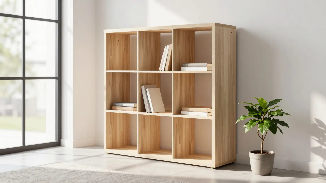 Robustes Multiplex-Regal im hellen Wohnzimmer, Symbol für Langlebigkeit und Nachhaltigkeit