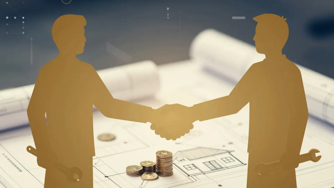Zwei Partner schließen Handshake über Hausplan, Symbol für Kapital und Know-how