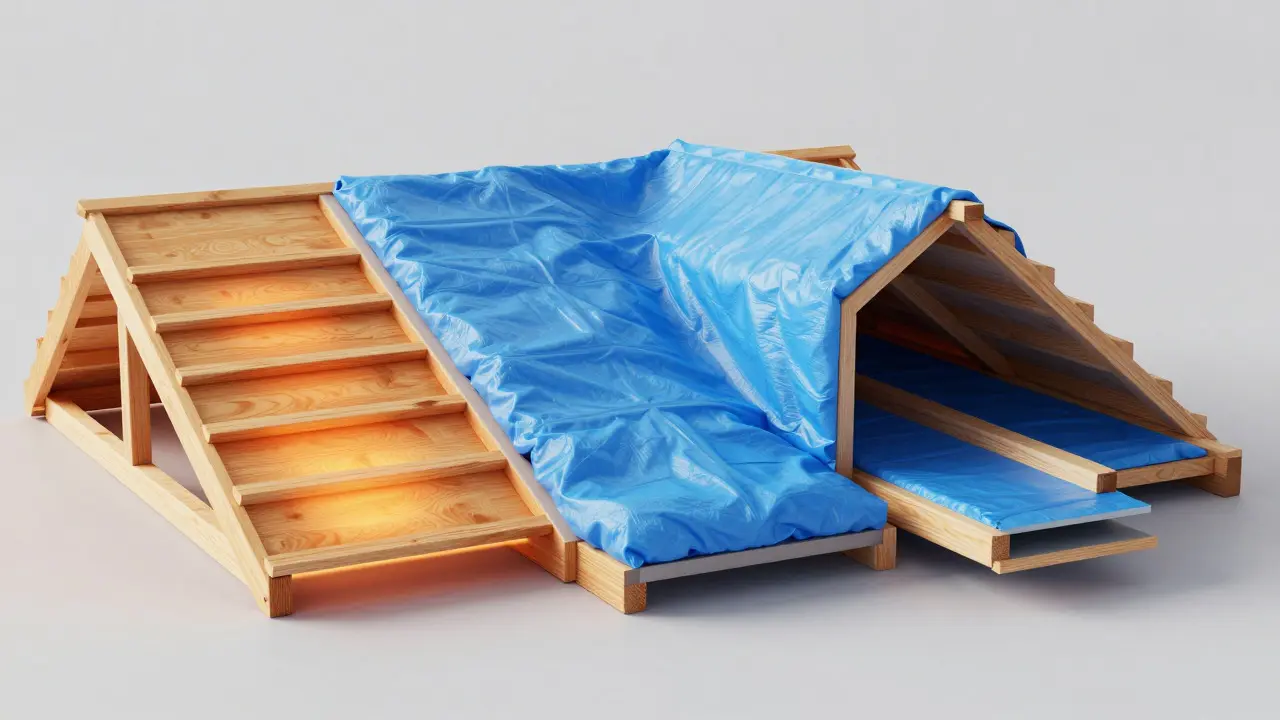 3D-Vergleich der drei Dachdämmmethoden im Querschnitt