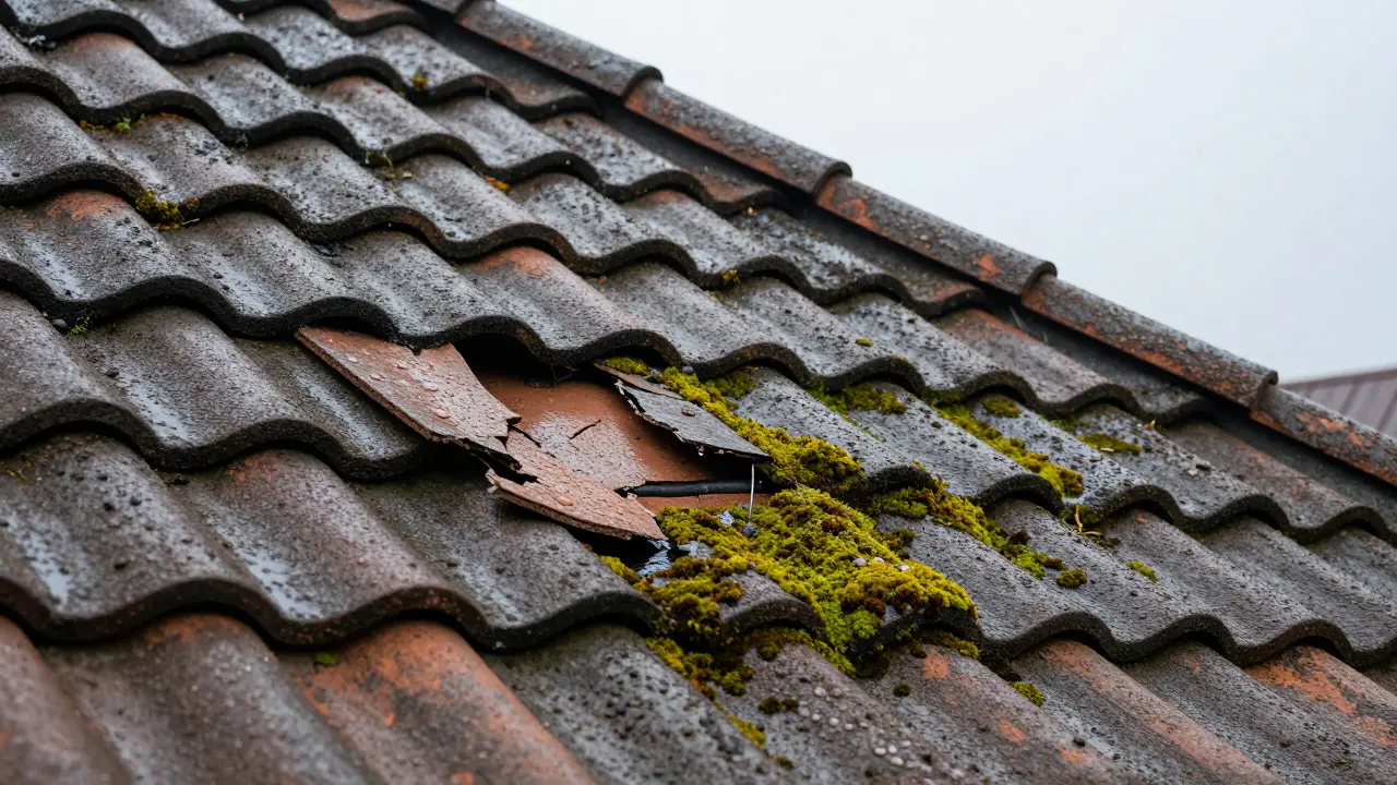 Altes Dach mit fehlenden Ziegeln, Moosbewuchs und Rissen bei Regenwetter