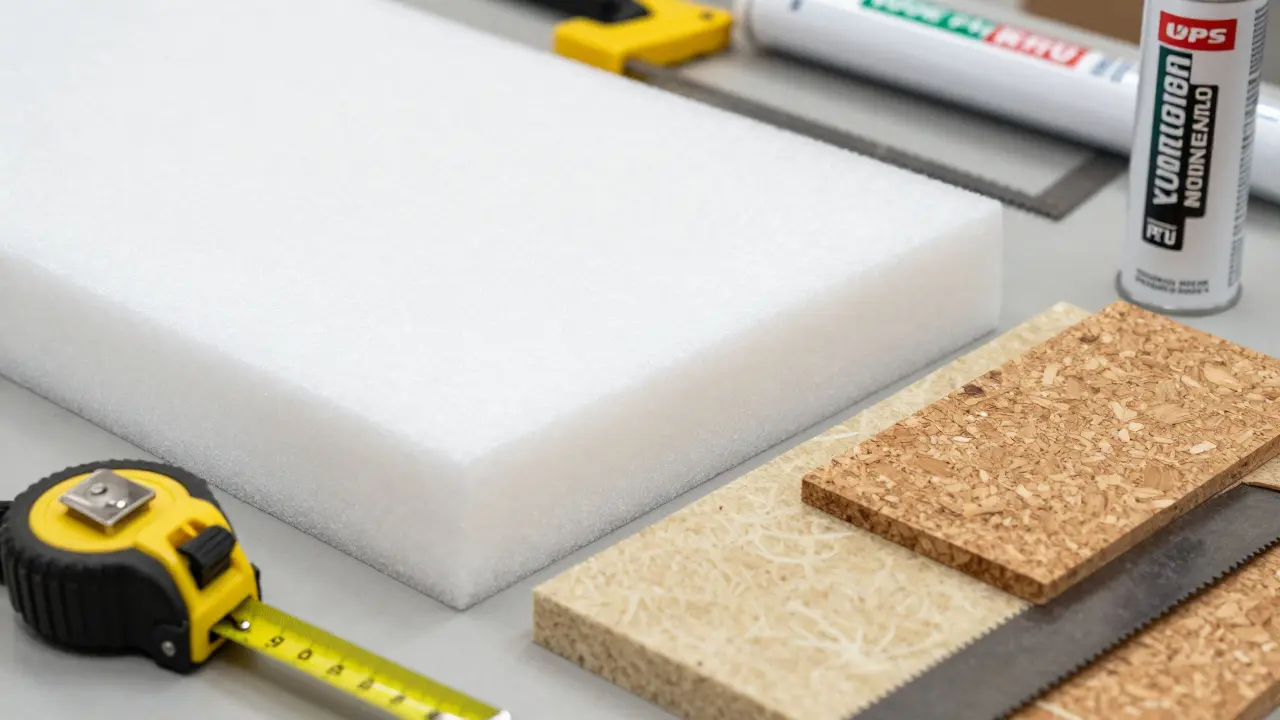 Dämmmaterialien wie Styropor und Mineralwolle für Rollladenkästen auf Werkbank
