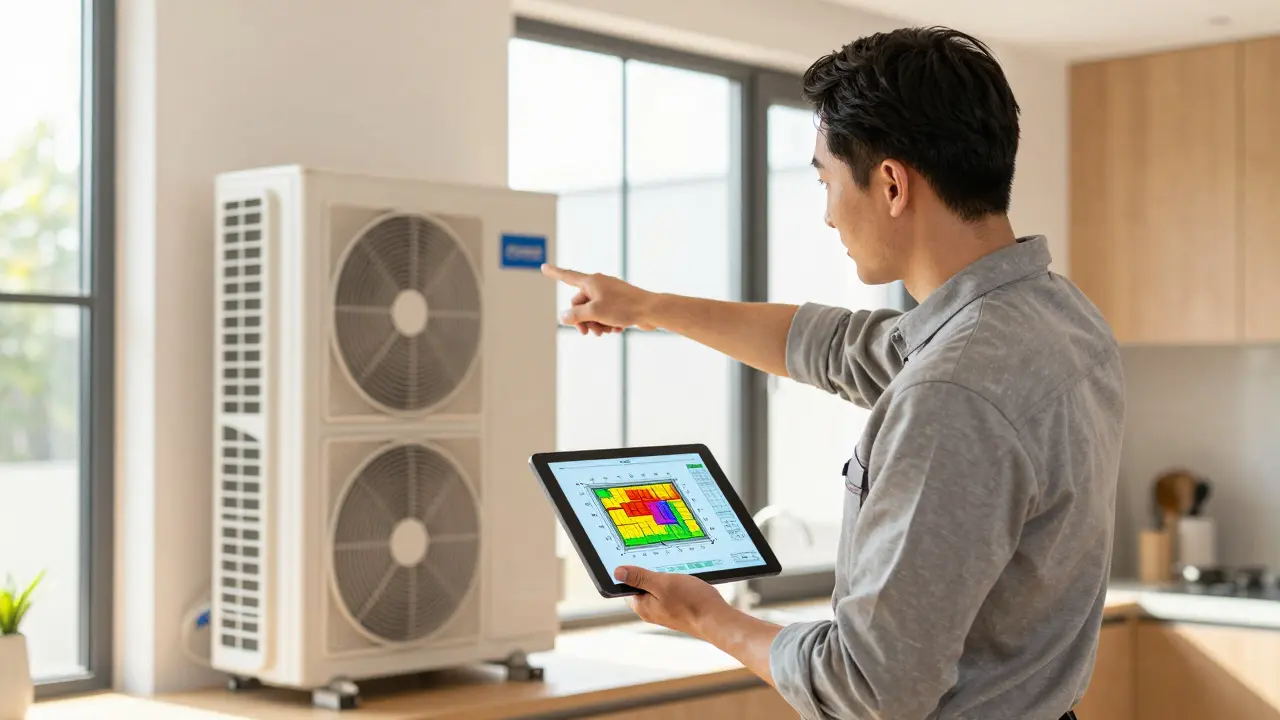 Energieberater mit Tablet prüft Wärmepumpe im modernen Einfamilienhaus