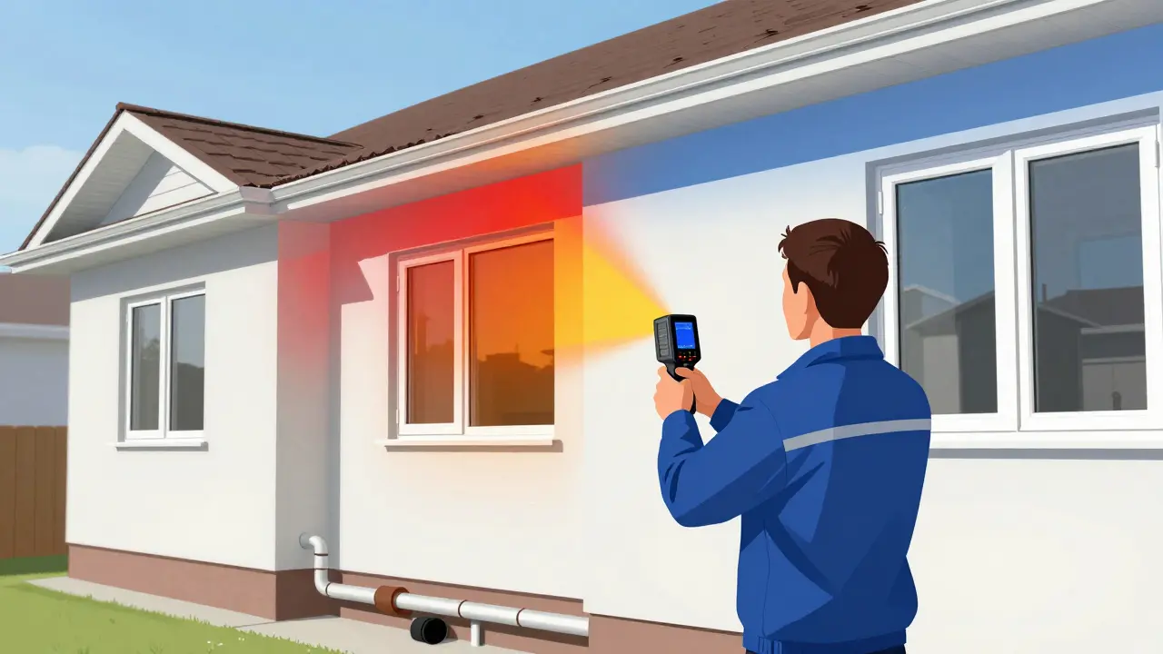 Energieberater prüft Wärmedämmung eines Einfamilienhauses mit Wärmebildkamera