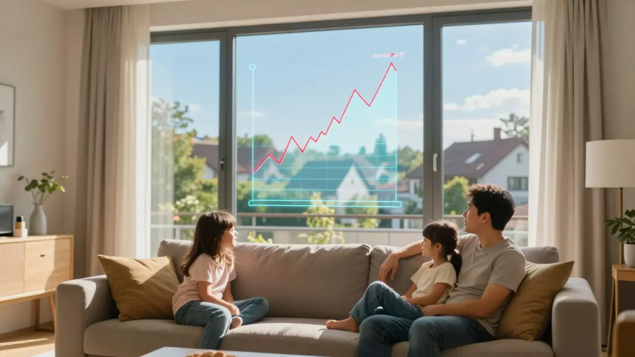 Familie im gemütlichen Wohnzimmer mit Blick auf stabile Energiekosten