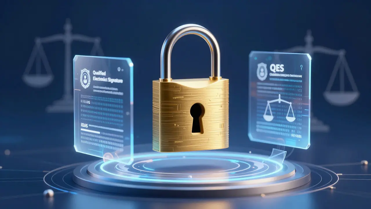 Goldenes Schloss mit digitalen Datenströmen als Symbol für QES-Sicherheit