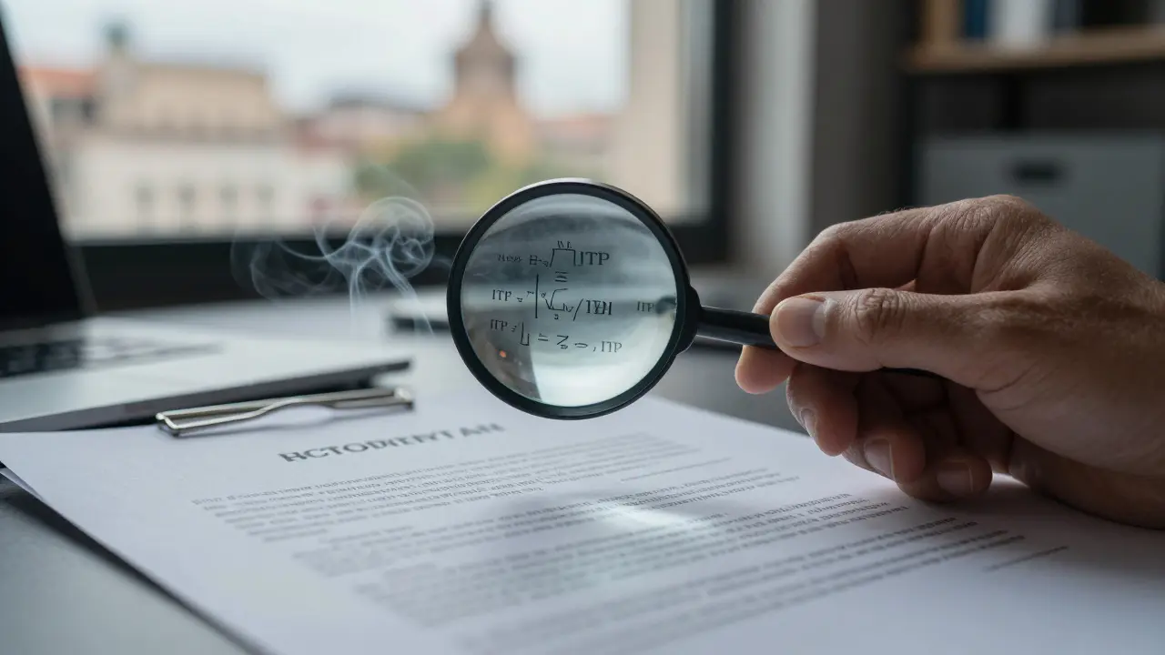 Hand mit Stift über Vertrag, der komplexe Steuerformeln zeigt