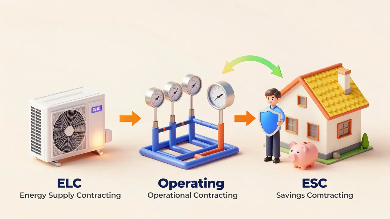 Illustration der drei Energie-Contracting-Modelle: ELC, Betrieb und Einsparung
