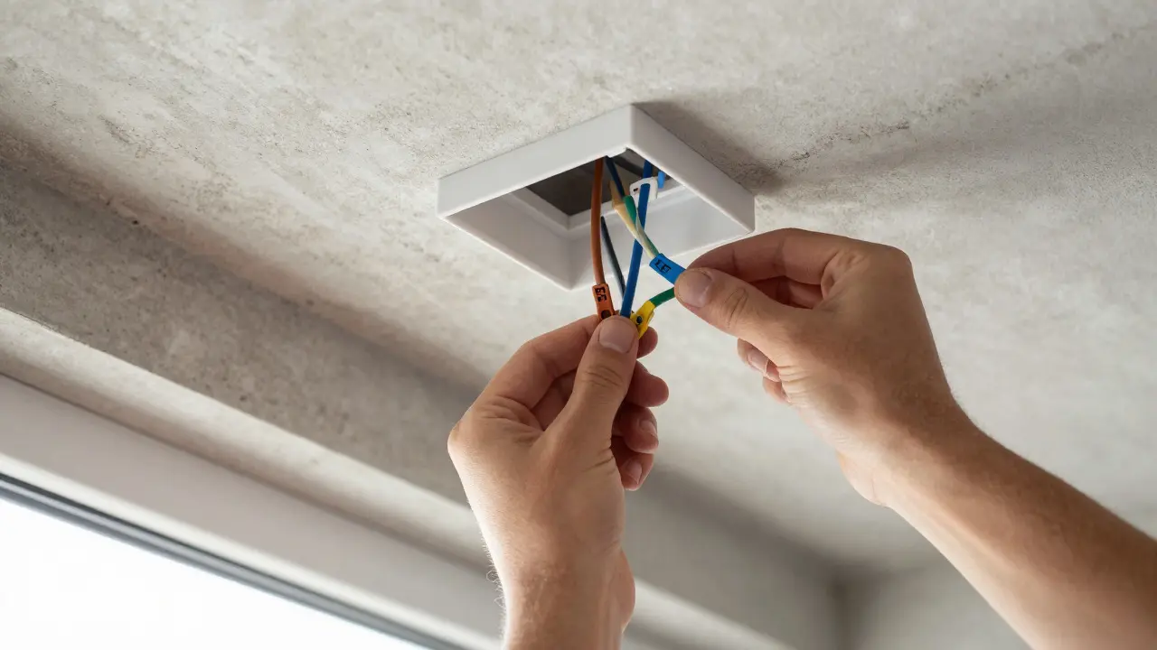 Kabel werden vorsichtig in der Deckendose verstaut nach Anschluss