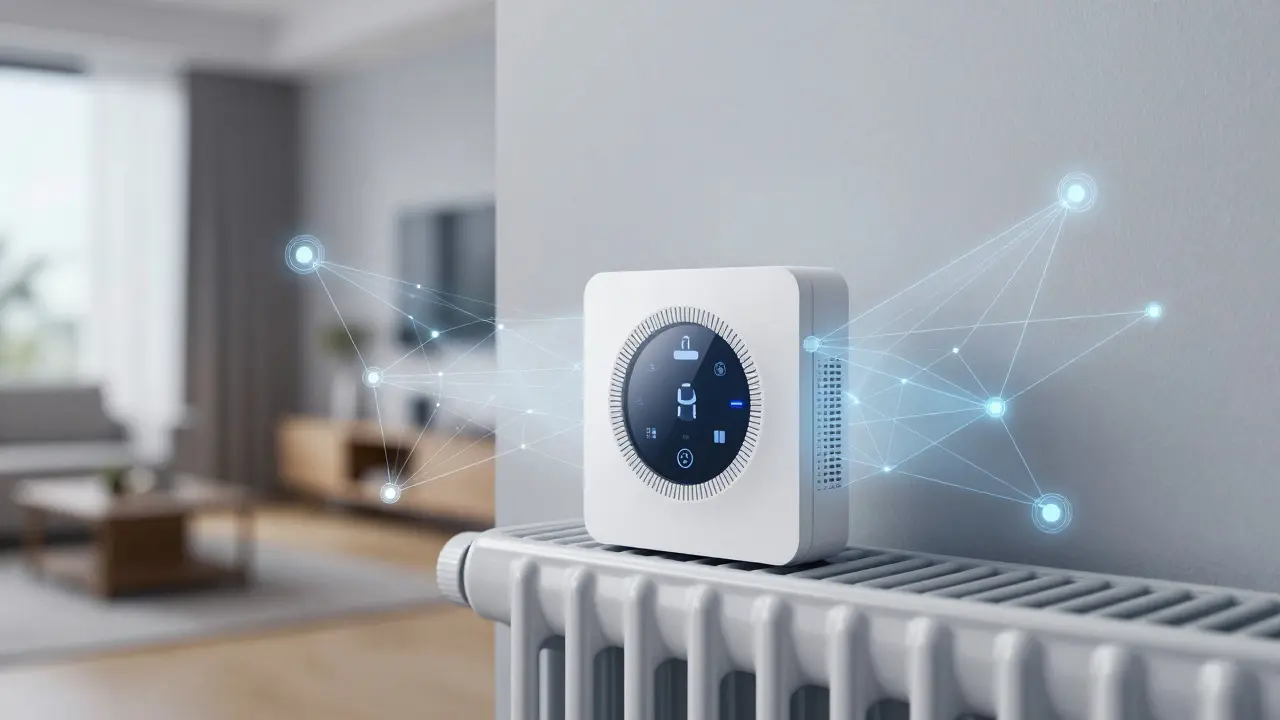 Konzeptbild: Smartes Thermostat mit Thread/Matter Netzwerk-Verbindung