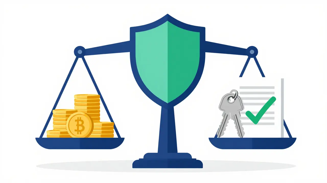 Konzeptuelle Illustration einer Waage mit Geld und Hausschlüsseln, die Sicherheit im Immobilienkauf symbolisiert.