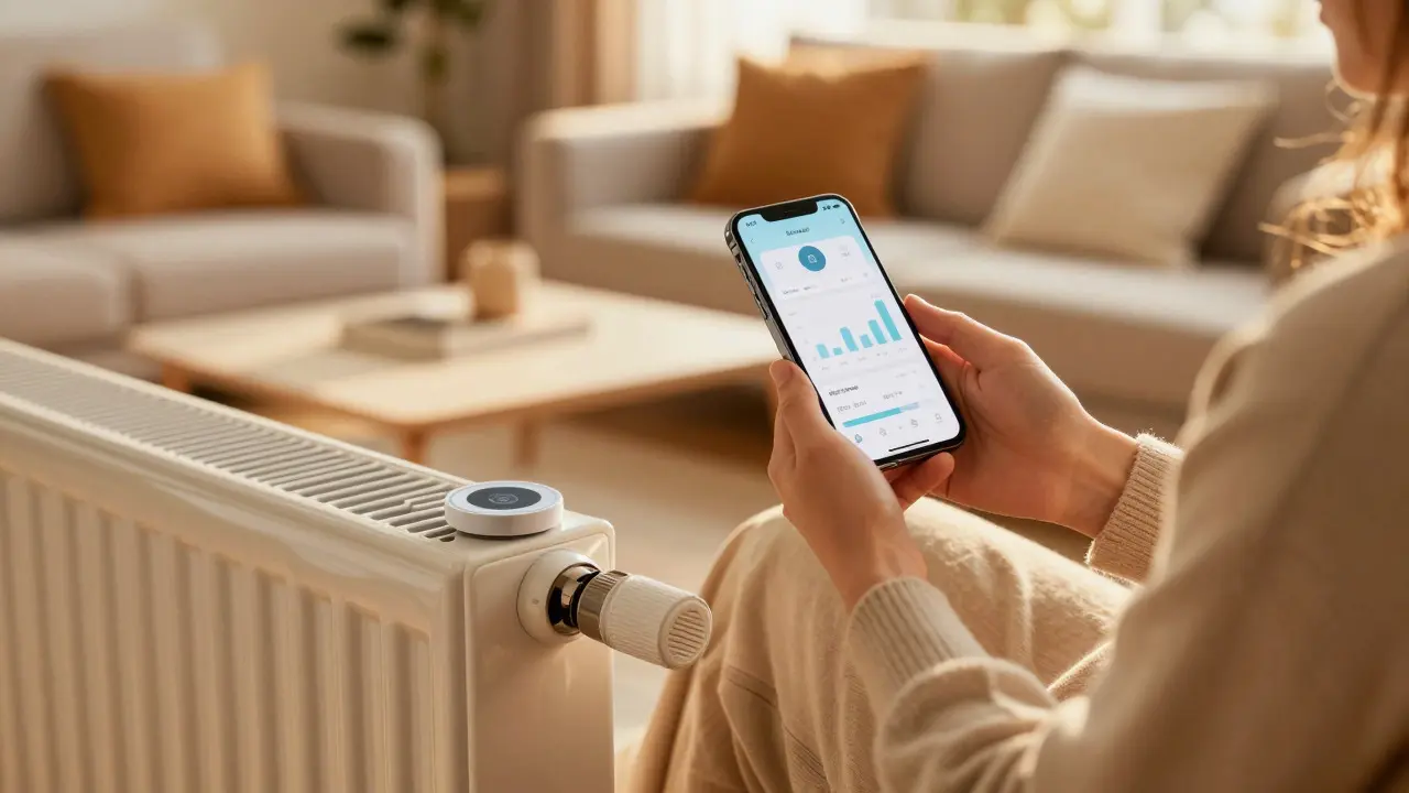 Person nutzt Smart-Home-App im gemütlichen Wohnzimmer mit Thermostat